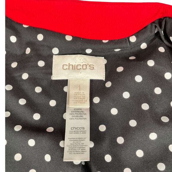 Chico's Clean Crepe Bomber Jacket Lightweight Red Polka Dot Lining Size 1 Zipper - Picture 9 of 11